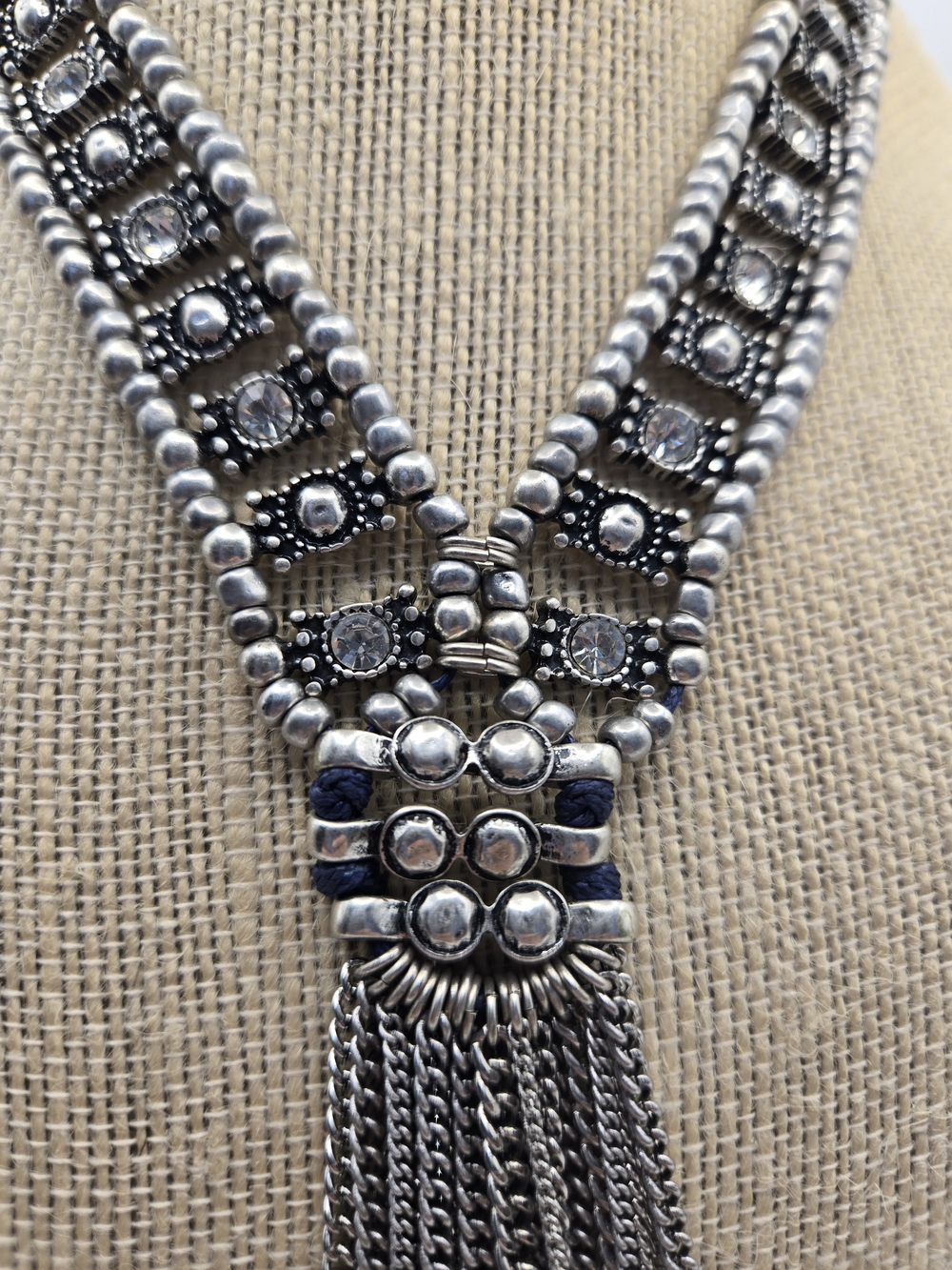 Chico's Y Necklace Long Silver Tone Multi Row Rhinestone Chain Tassel Navy Cord